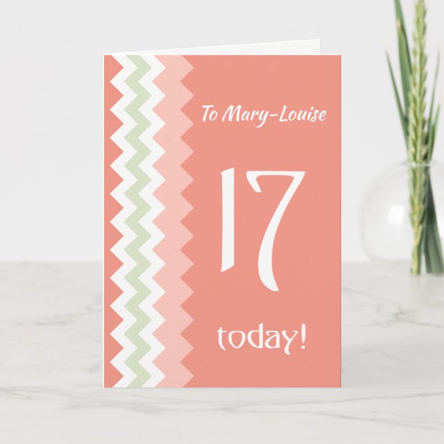 Custom Front 17th Birthday, Coral, Mint Chevrons Card (Front)
