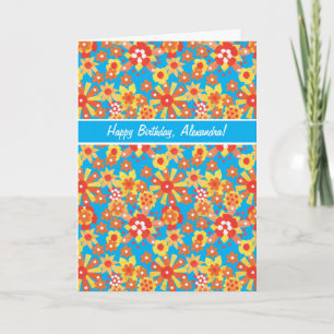 Custom Front Birthday Card, Ditsy Orange Flowers Card