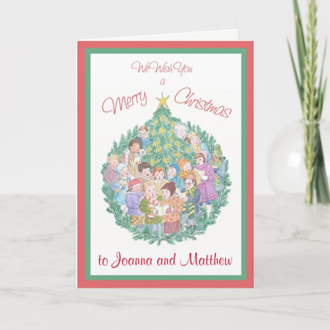 Custom Front Carol Singers and Christmas Tree Holiday Card (Front)