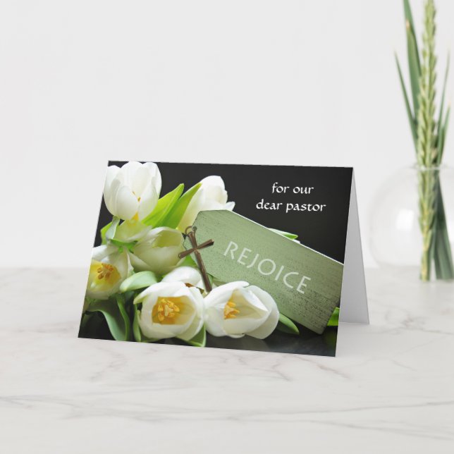 Custom Front Easter for Pastor, White Tulips Cross Holiday Card (Front)