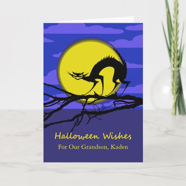 Custom Front Halloween for Grandson, Cat on Branch Card (Front)