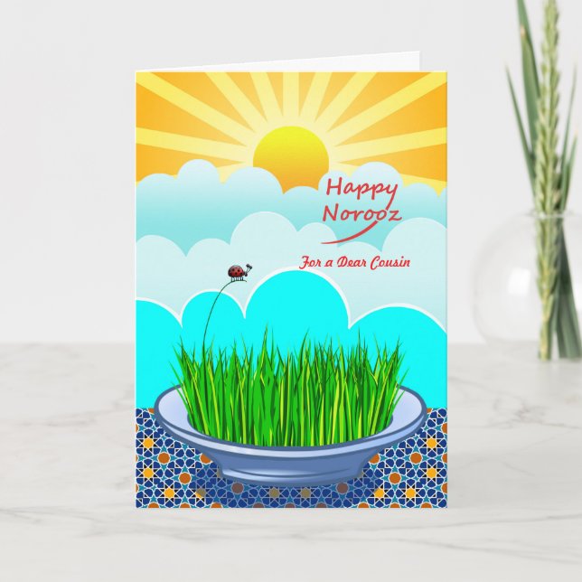 Custom Front Happy Norooz for Cousin, Sabzeh Plate Holiday Card (Front)