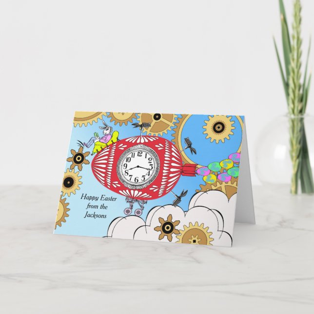 Custom Front, Steampunk Easter, Flying Egg Holiday Card (Front)