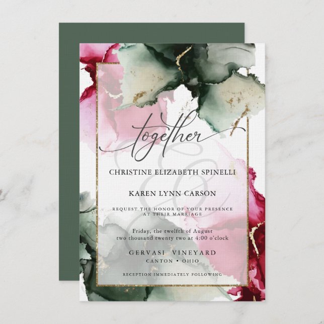 CUSTOM Fuchsia and Sage Green Watercolor  Invitation (Front/Back)