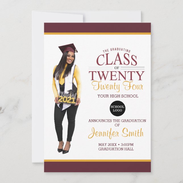 Custom Full Body Photo Maroon and Gold Graduation Invitation (Front)