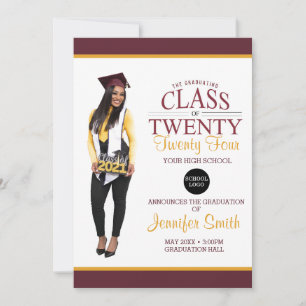 Custom Full Body Photo Maroon and Gold Graduation Invitation