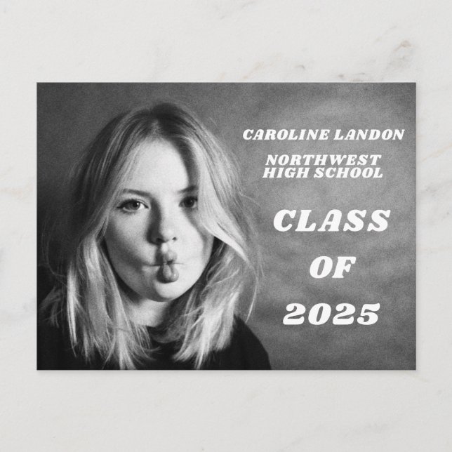 Custom Full Photo White Text Overlay Graduation Announcement Postcard (Front)