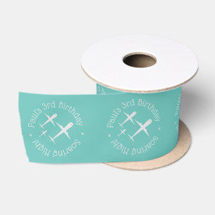 Custom Fun Aeroplanes in Formation, Teal Birthday Satin Ribbon