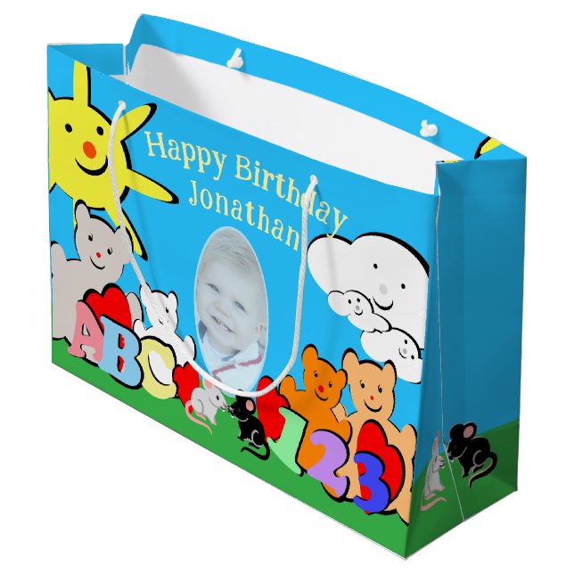 Custom Fun Cute Animals Birthday Large Gift Bag (Back Angled)