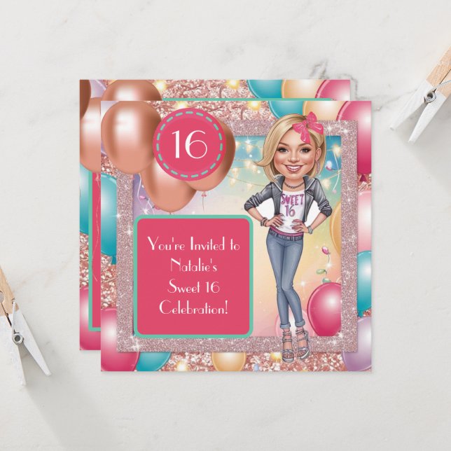 Custom Fun & Fabulous Sweet 16 Caricature Design  Invitation (Front/Back In Situ)