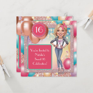 Custom Fun & Fabulous Sweet 16 Caricature Design  Invitation