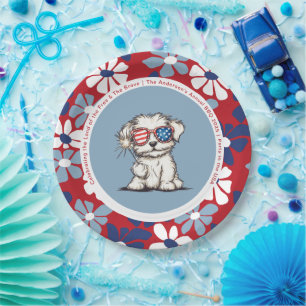 Custom Fun Floral Puppy 4th July Red White Blue Paper Plate