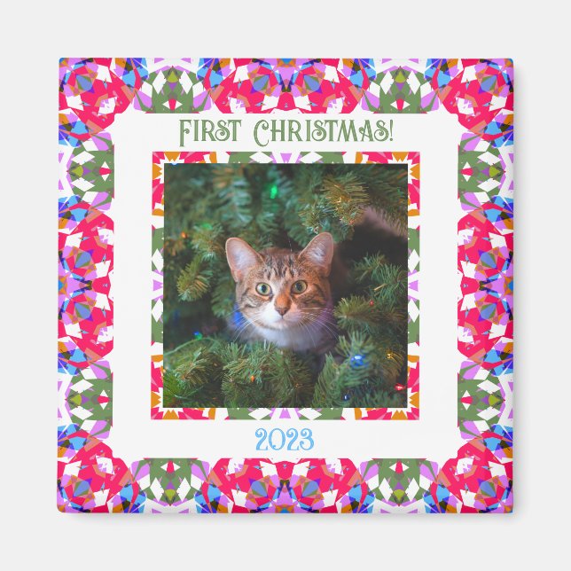 Custom Fun Jolly Red Festive First Christmas Photo Magnet (Front)