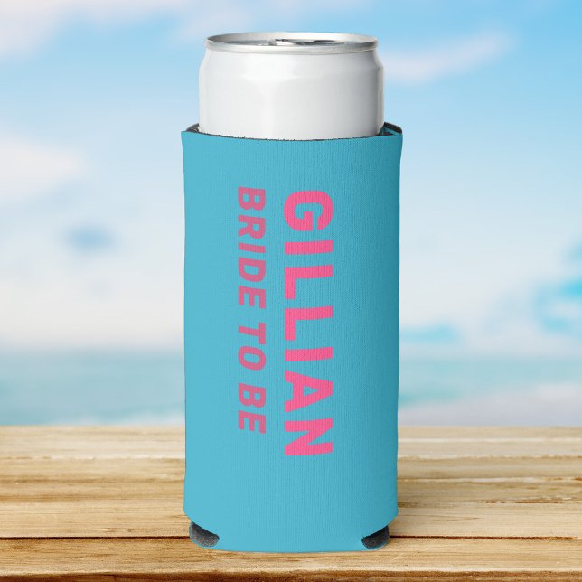 Custom Fun Modern Bachelorette Summer Beach Trip Seltzer Can Cooler (a teal seltzer can cooler with pink simple font reading Allison and Bridesmaid smaller in darker )