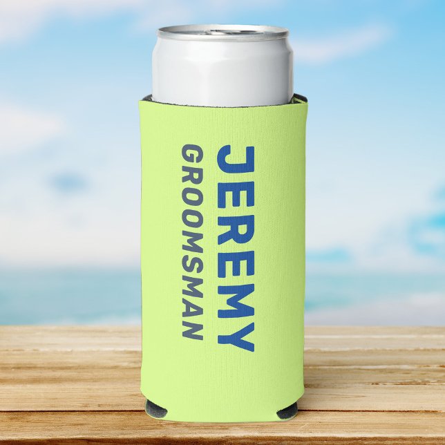 Custom Fun Modern Cool Bachelor Summer Beach Trip Seltzer Can Cooler (a lime green seltzer can cooler with blue simple font reading Jeremy and groomsman smaller. )