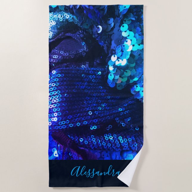 Custom Fun Navy Blue Glamourous Sequins Look Chic Beach Towel (Front)
