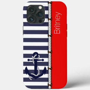 Custom Fun Navy Blue White Stripe Bright Red iPhone 13 Pro Max Case