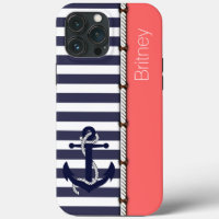 Custom Fun Navy Blue White Stripe Coral Blush Pink