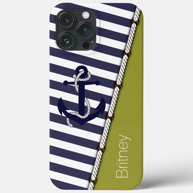 Custom Fun Navy Blue White Stripe Dark Sage Green Case-Mate iPhone Case (Back)
