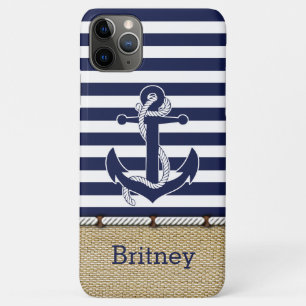 Custom Fun Navy Blue White Stripe Faux Jute Burlap iPhone 11 Pro Max Case