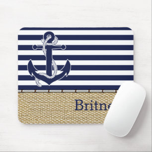Custom Fun Navy Blue White Stripe Faux Jute Burlap Mouse Pad