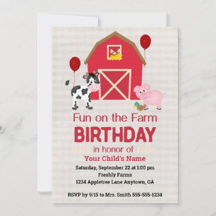 Custom Fun on the Farm Birthday Gingham Invitation