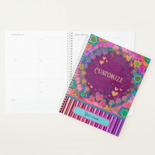 Custom Fun Personalised Name Purple Floral Stripe Planner