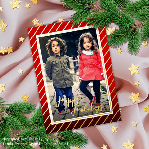 Custom Fun Red Gold Peppermint Candy Cane Stripe Foil Holiday Card