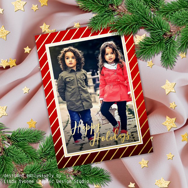 Custom Fun Red Gold Peppermint Candy Cane Stripe Foil Holiday Card (Creator Uploaded)