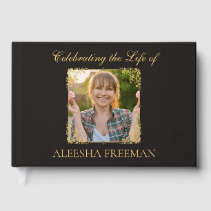 Custom Funeral Guestbook Black Gold Photo Sign In 