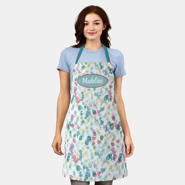 Custom Funky Teal Blue Pink Abstract Dots Pattern Apron (Worn)