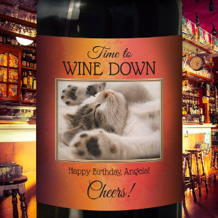Custom Funny Cat Photo Birthday Wine Label