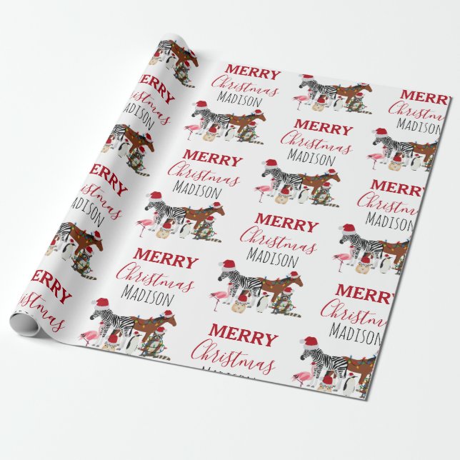 Custom Funny Christmas Animals Santa Hats Lights  Wrapping Paper (Unrolled)