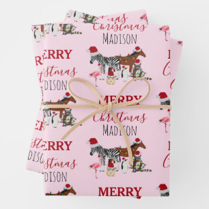 Custom Funny Christmas Animals Santa Hats Lights Wrapping Paper Sheet