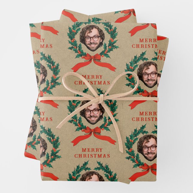 Custom Funny Christmas Wreath Face Photo Kraft Wrapping Paper Sheet (In situ)