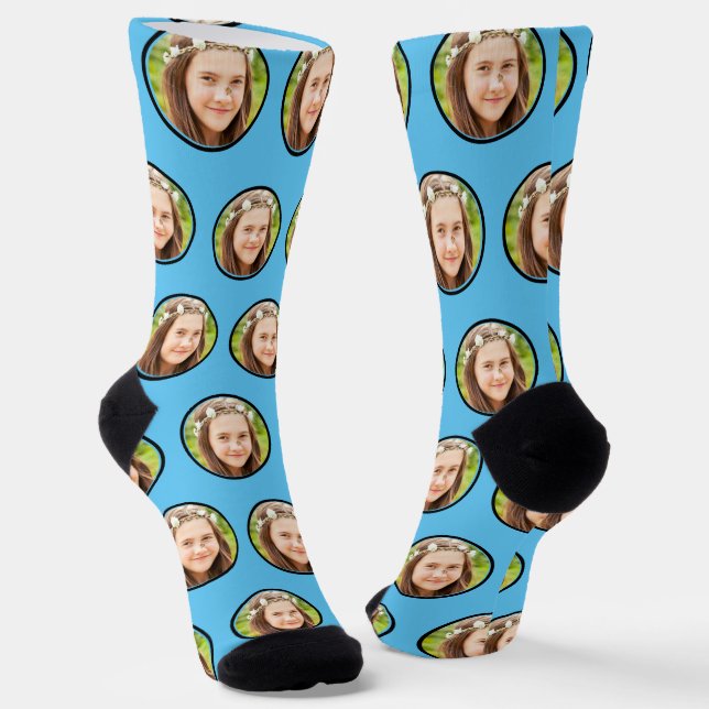 Custom Funny Face Photo Personalised Sky Blue Socks (Angled)