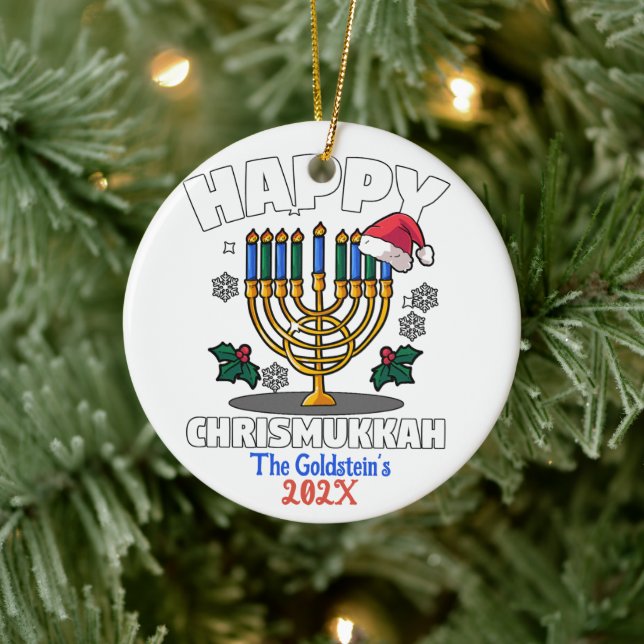 Custom Funny Happy Chrismukkah Happy Hanukkah  Ceramic Ornament (Tree)
