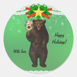 Custom Funny Modern Christmas Bear with flowers Classic Round Sticker