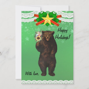 Custom Funny Modern Christmas Bear with flowers Holiday Card