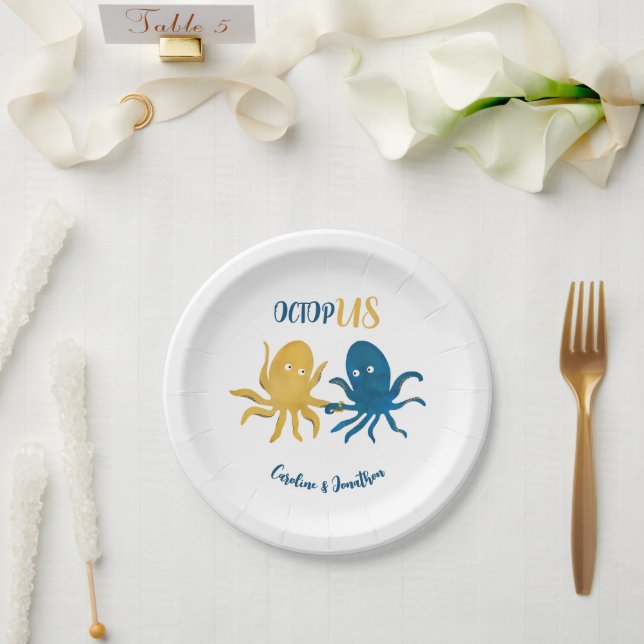 Custom Funny Navy and Gold Ocean Octopus Wedding Paper Plate (Wedding)