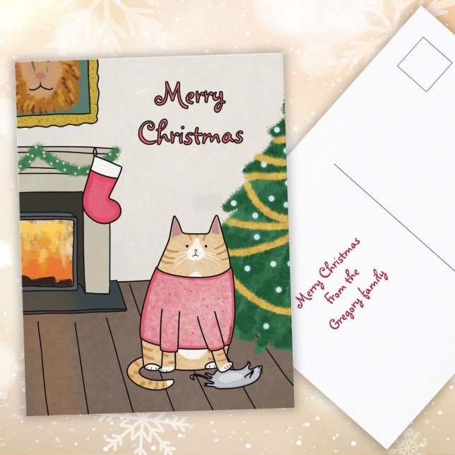 Custom Funny Orange Cat Mouse Under Christmas Tree Holiday Postcard (Creator Uploaded)