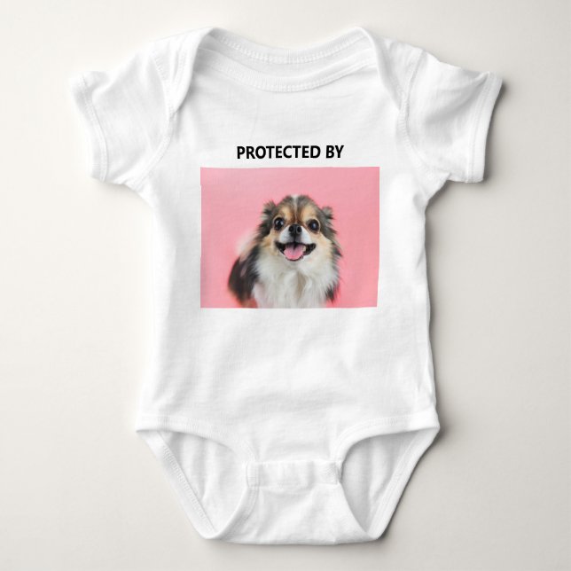Custom Funny Protected By Chihuahua Pet Photo Baby Bodysuit (Front)