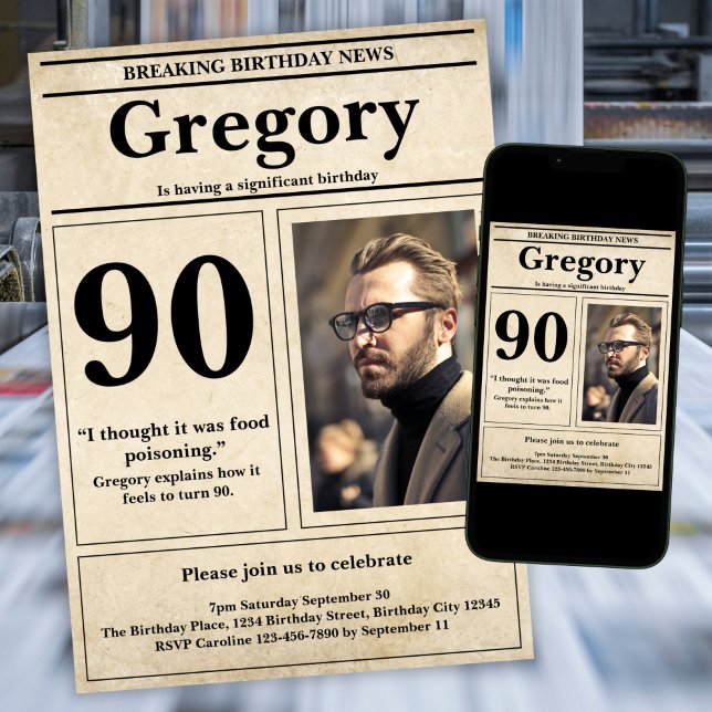 Custom Funny Quote Retro Newspaper 90th Birthday Invitation (Creator Uploaded)