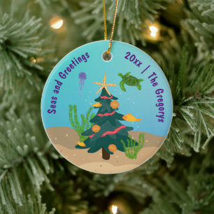 Custom Funny Seas and Greetings Ocean Holiday 2024 Ceramic Ornament