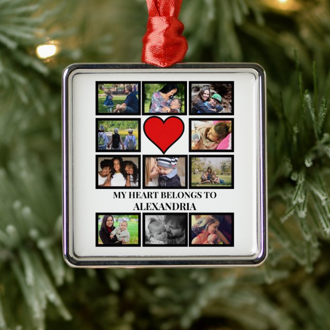 Custom Funny Valentines day heart 11 photo collage Metal Ornament (Tree)