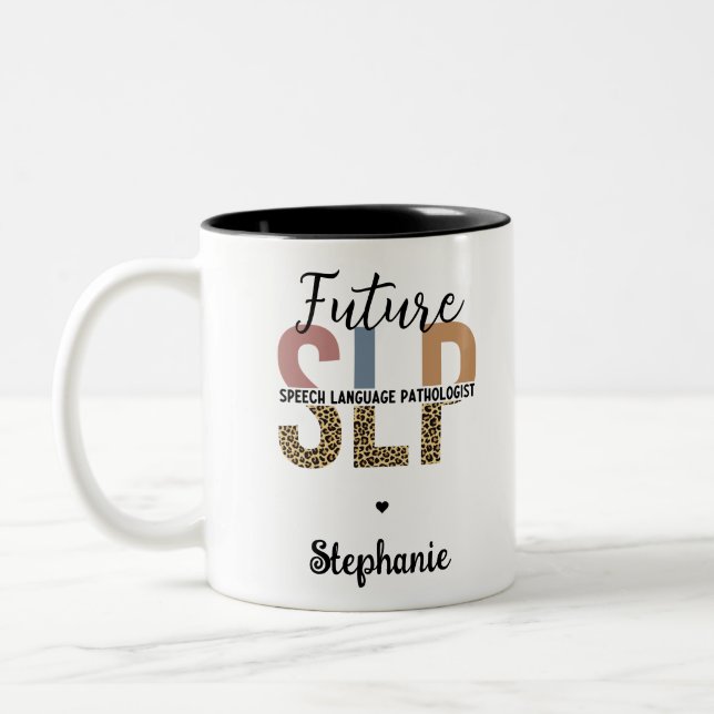 Custom Future SLP Speech Pathologist Leopard Print Two-Tone Coffee Mug (Left)