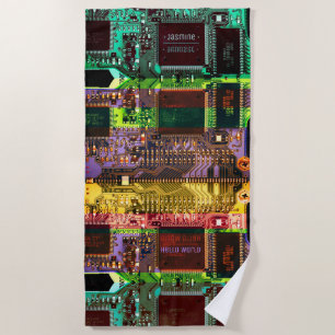 Custom Geek & Glitch Printed Circuit Board Robotic Beach Towel