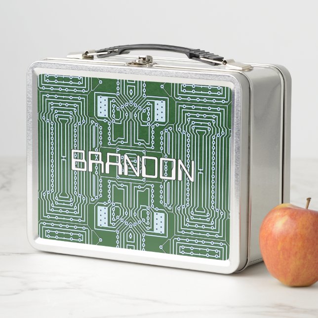 Custom Geeky Nerd Computer Circuit Board Pattern Metal Lunch Box (In Situ)
