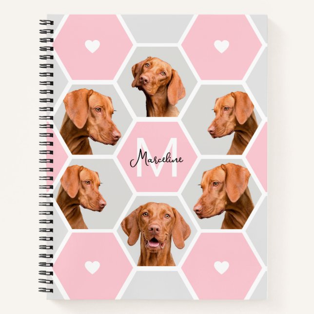 Custom Geometric Pet Photo Collage Pink Grey Notebook (Front)