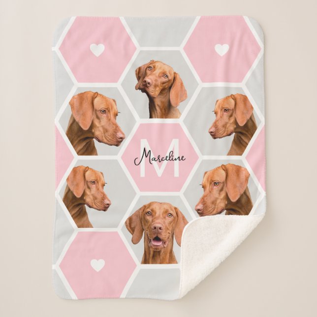Custom Geometric Photo Collage Pet Monogram Pink Sherpa Blanket (Front)